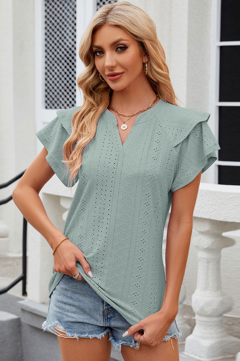 Eyelet Notched Flutter Sleeve T-Shirt - Hassle Free Cart