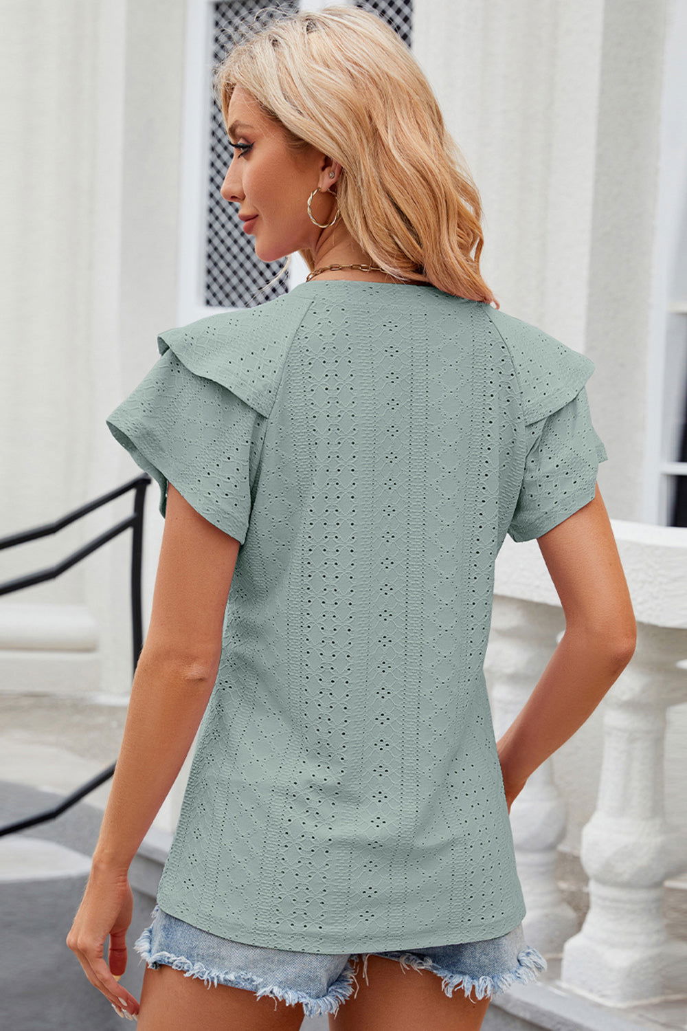 Eyelet Notched Flutter Sleeve T-Shirt - Hassle Free Cart