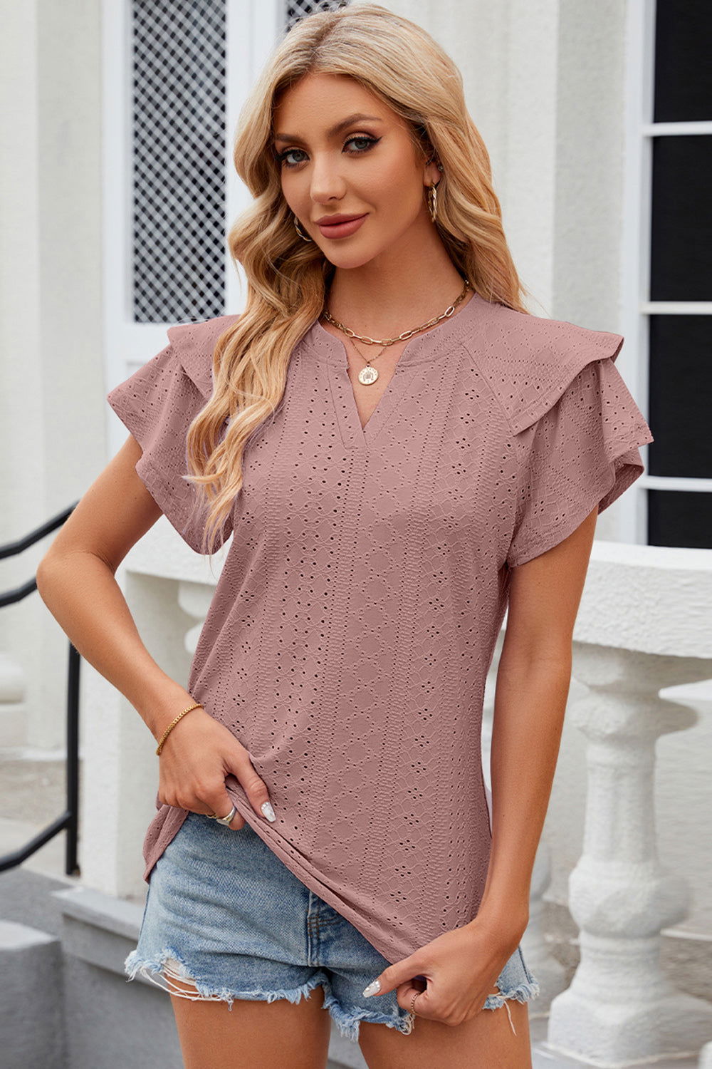 Eyelet Notched Flutter Sleeve T-Shirt - Hassle Free Cart