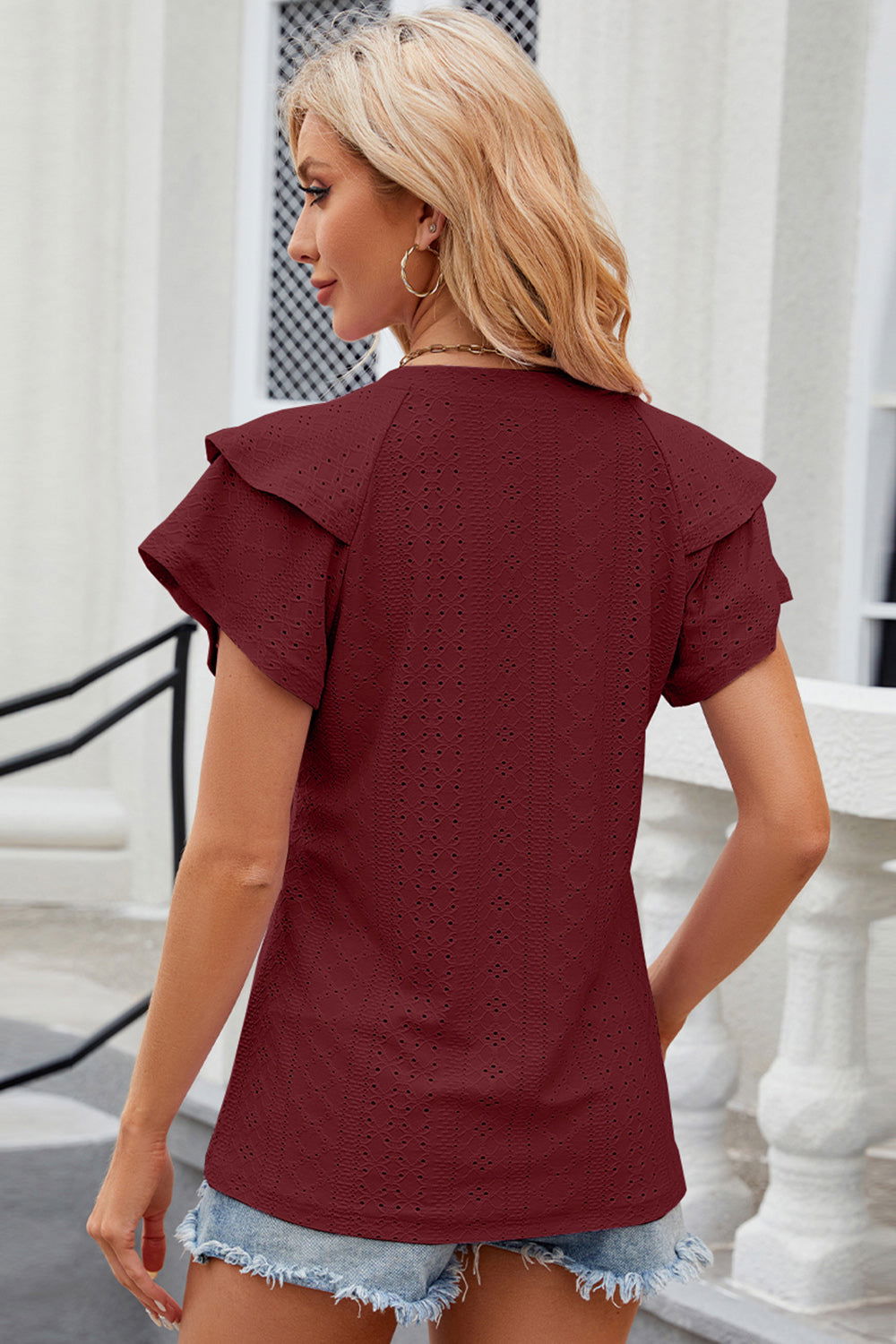 Eyelet Notched Flutter Sleeve T-Shirt - Hassle Free Cart