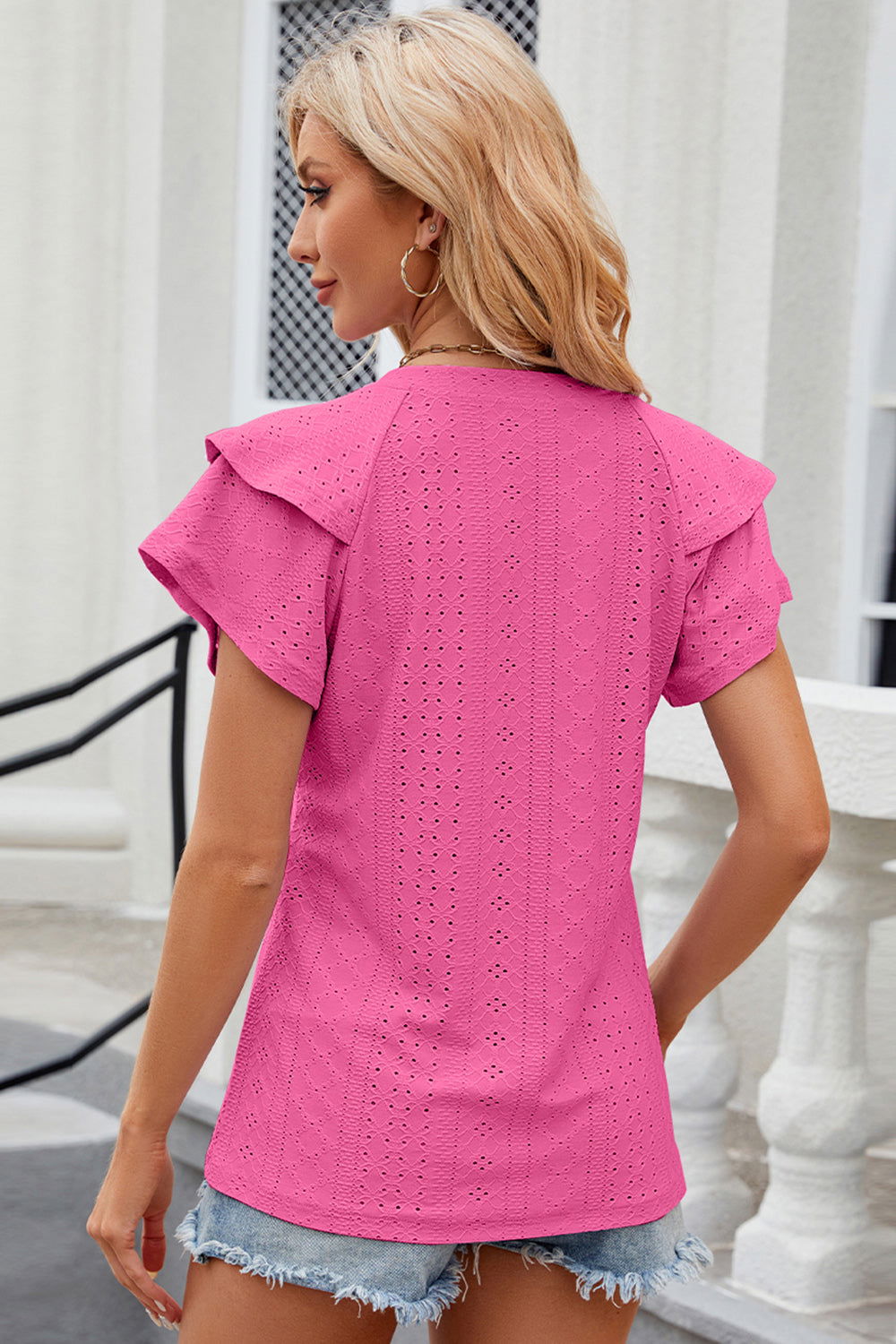 Eyelet Notched Flutter Sleeve T-Shirt - Hassle Free Cart