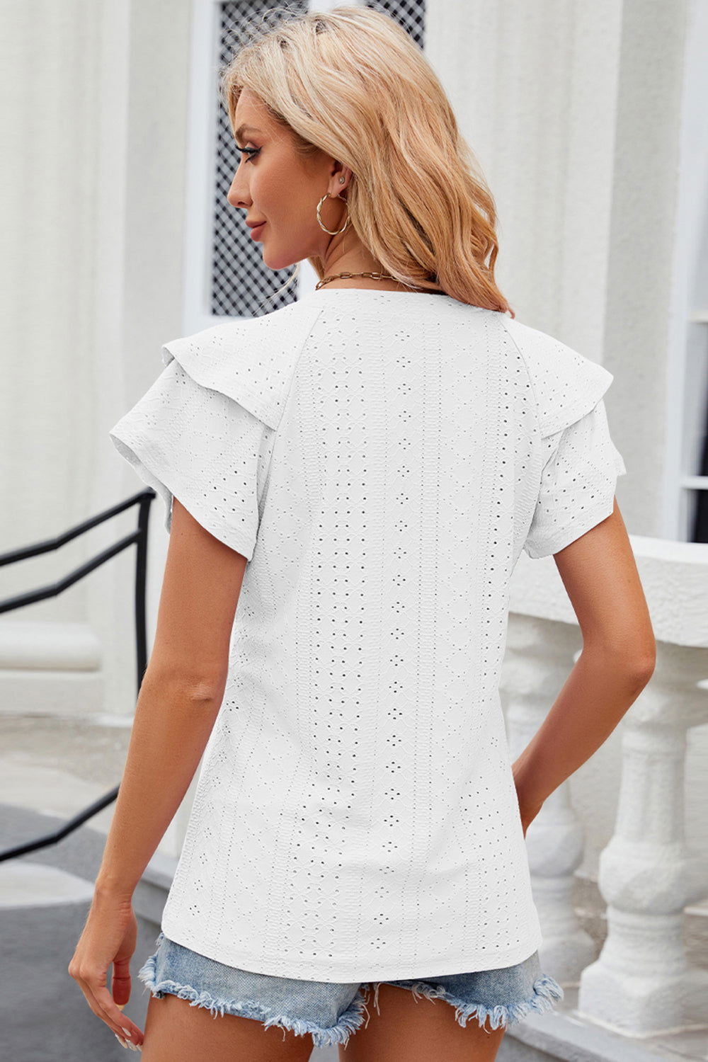 Eyelet Notched Flutter Sleeve T-Shirt - Hassle Free Cart