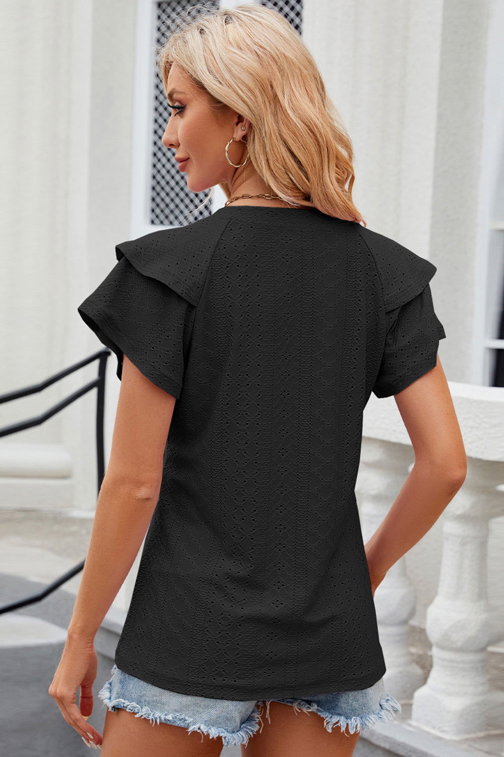 Eyelet Notched Flutter Sleeve T-Shirt - Hassle Free Cart