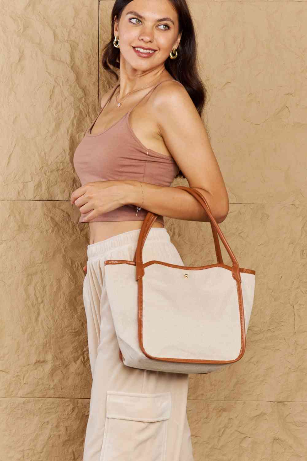 Fame Beach Chic Faux Leather Trim Tote Bag in Ochre - Hassle Free Cart