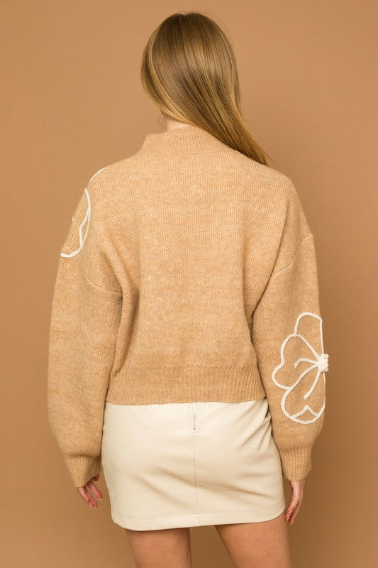 Flower Embroidery Mock Neck Sweater - Hassle Free Cart