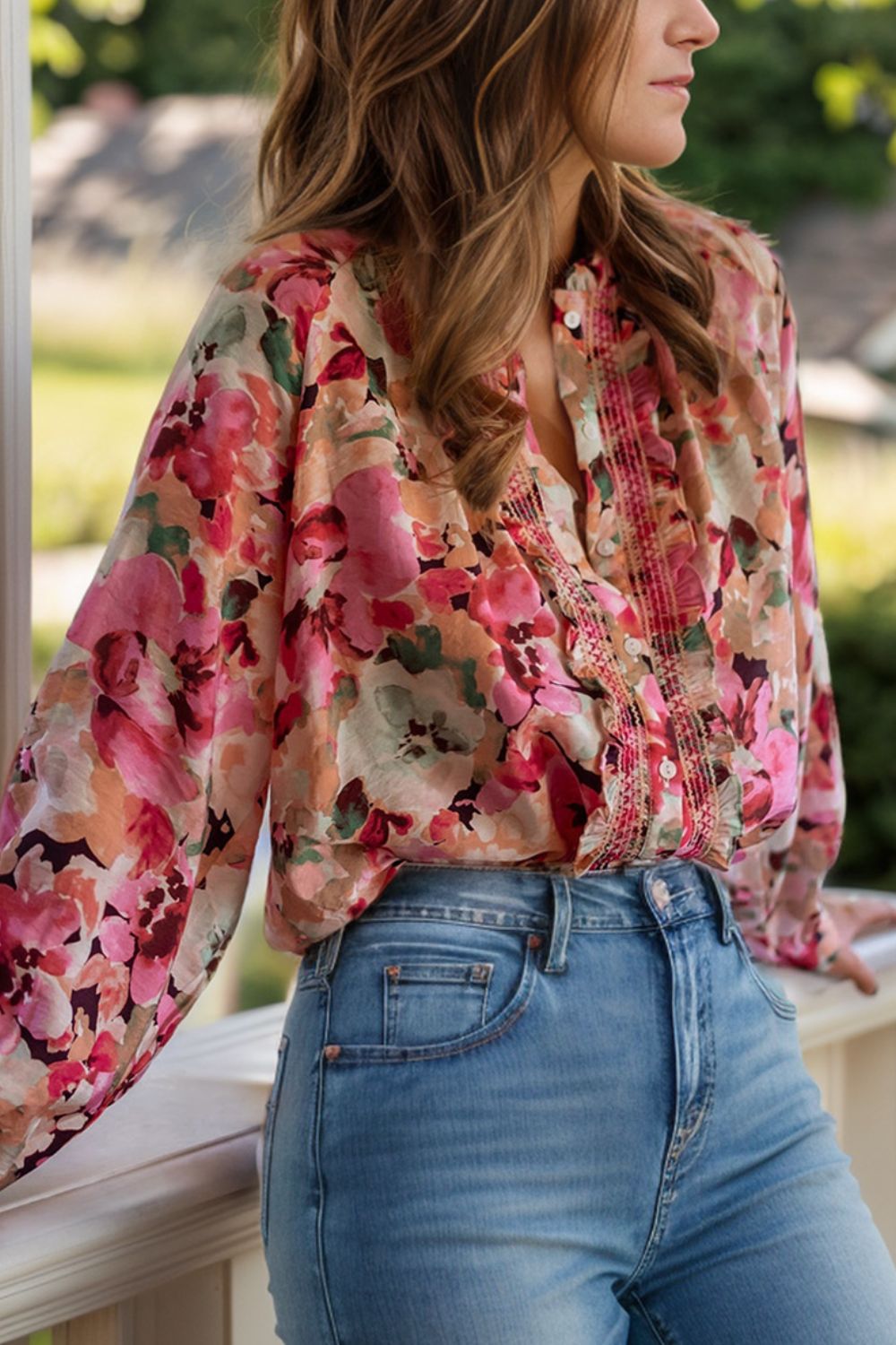 Frill Printed Long Sleeve Shirt - Hassle Free Cart