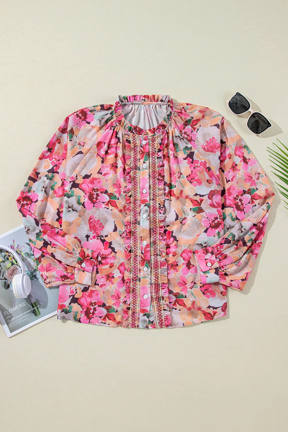 Frill Printed Long Sleeve Shirt - Hassle Free Cart