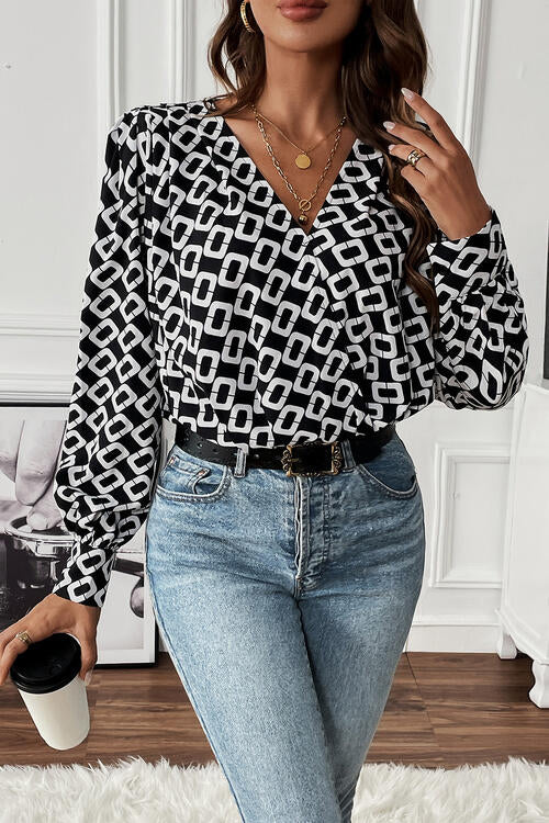 Geometric V-Neck Long Sleeve Blouse | Hassle Free Cart