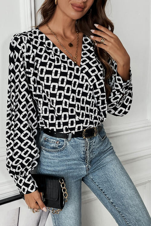 Geometric V-Neck Long Sleeve Blouse - Hassle Free Cart