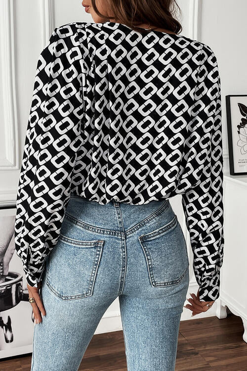 Geometric V-Neck Long Sleeve Blouse - Hassle Free Cart