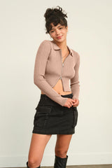 HYFVE Taupe Ribbed Double Zip Cropped Cardigan - Hassle Free Cart