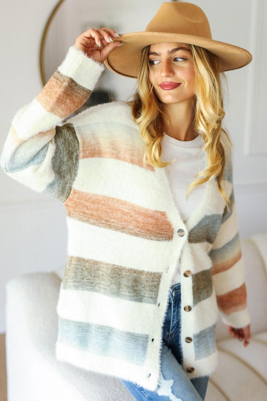 Haptics Full Size Button Down Stripe Soft Fuzzy Sweater Cardigan - Hassle Free Cart