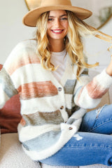 Haptics Full Size Button Down Stripe Soft Fuzzy Sweater Cardigan - Hassle Free Cart