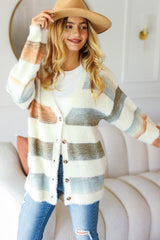 Haptics Full Size Button Down Stripe Soft Fuzzy Sweater Cardigan - Hassle Free Cart