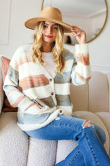 Haptics Full Size Button Down Stripe Soft Fuzzy Sweater Cardigan - Hassle Free Cart