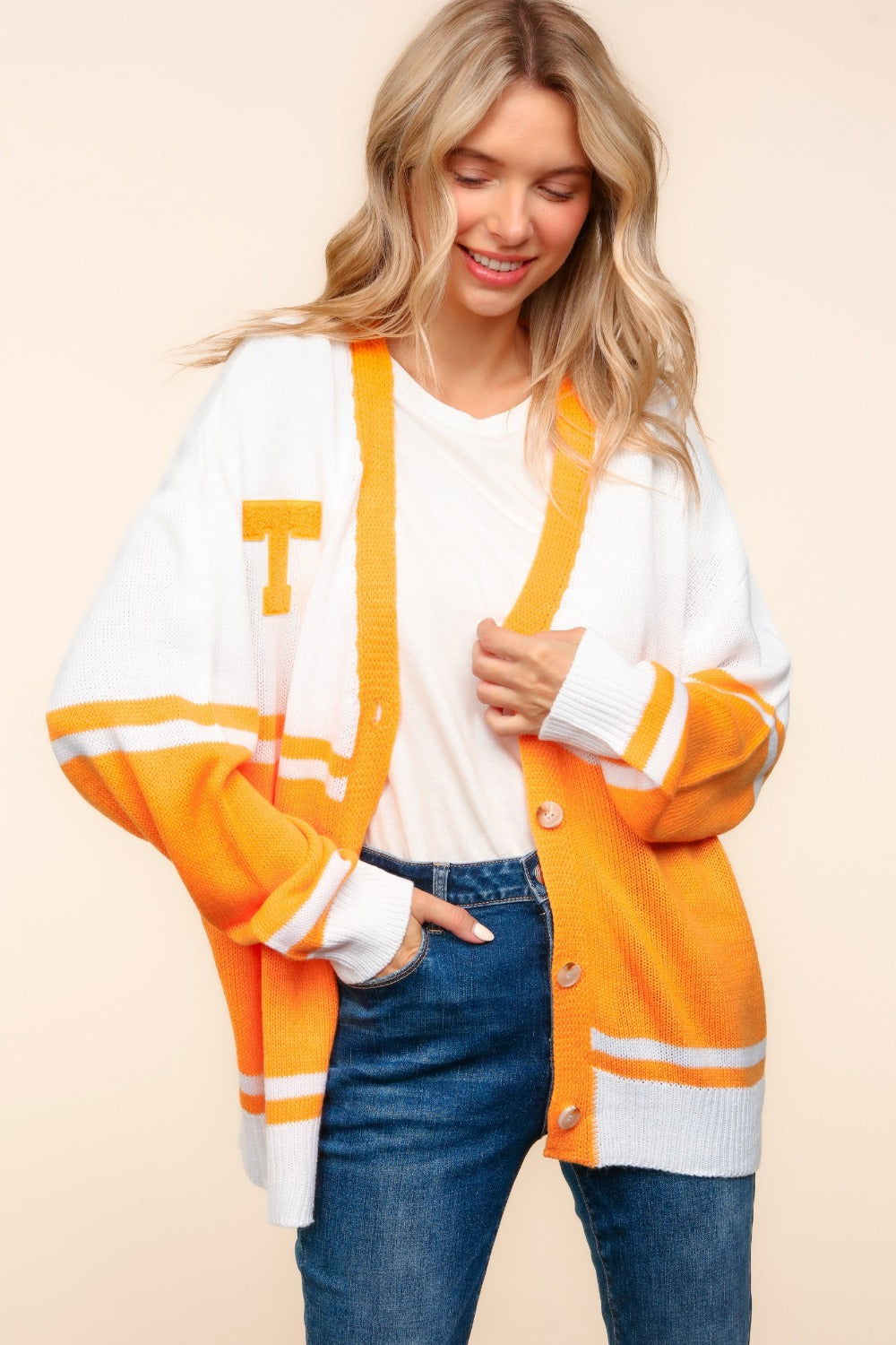 Haptics V Neck Button Down Letter Patch Cardigan - Hassle Free Cart