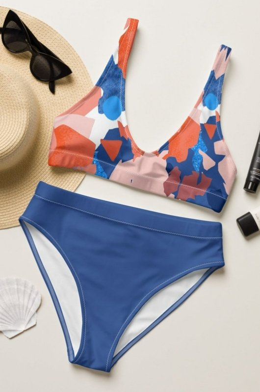 Harmony Coast: Pink, Blue, White, and Red Patterned 2-Piece Swimsuit with Blue Bottom | Hassle Free Cart