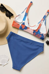 Harmony Coast: Pink, Blue, White, and Red Patterned 2-Piece Swimsuit with Blue Bottom | Hassle Free Cart