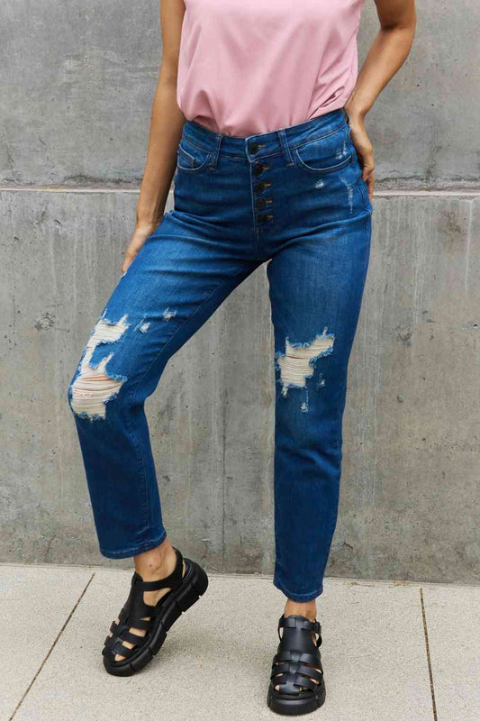 Judy Blue Melanie Full Size High Waisted Distressed Boyfriend Jeans | Hassle Free Cart