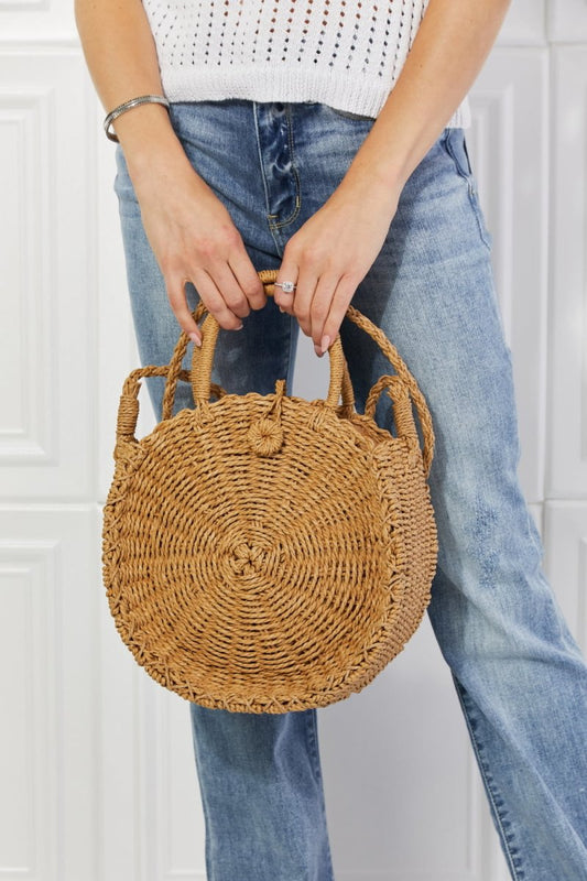 Justin Taylor Feeling Cute Rounded Rattan Handbag in Camel | Hassle Free Cart
