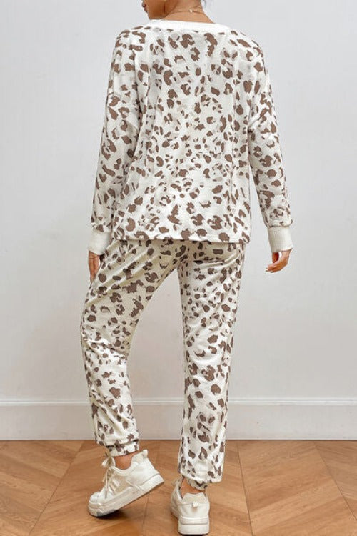 Leopard V-Neck Top and Pants Lounge Set | Hassle Free Cart