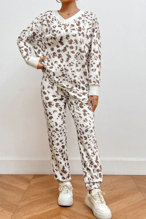 Leopard V-Neck Top and Pants Lounge Set | Hassle Free Cart