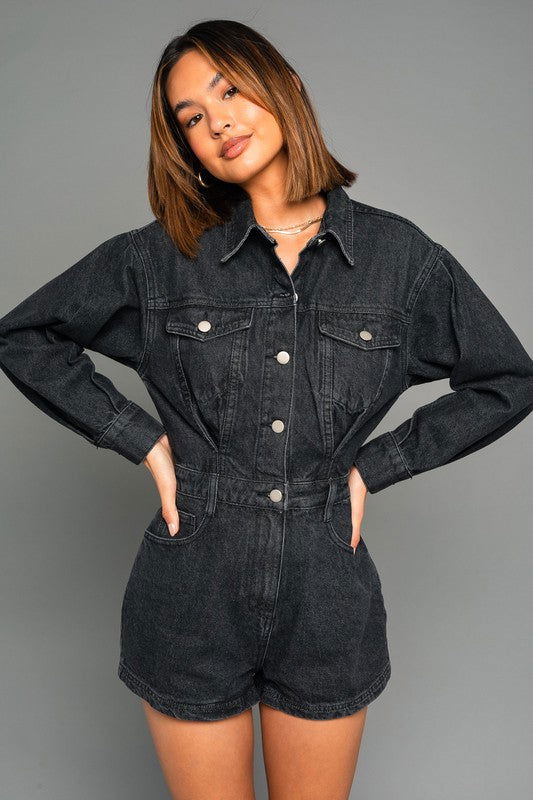 Long Sleeve Denim Romper - Hassle Free Cart