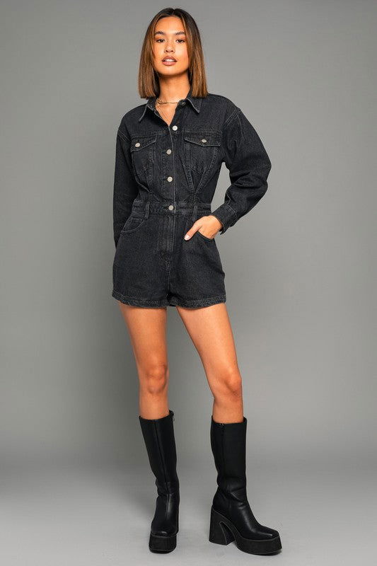 Long Sleeve Denim Romper - Hassle Free Cart