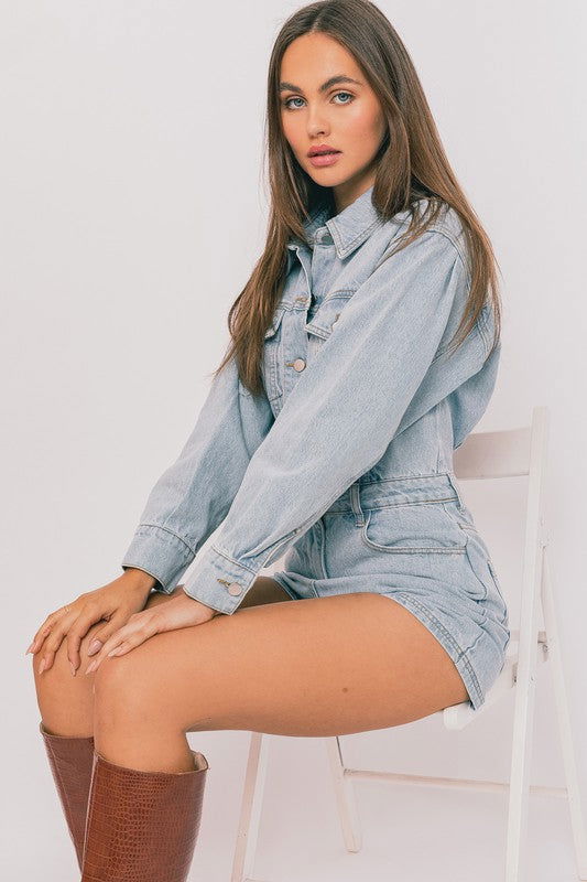 Long Sleeve Denim Romper - Hassle Free Cart