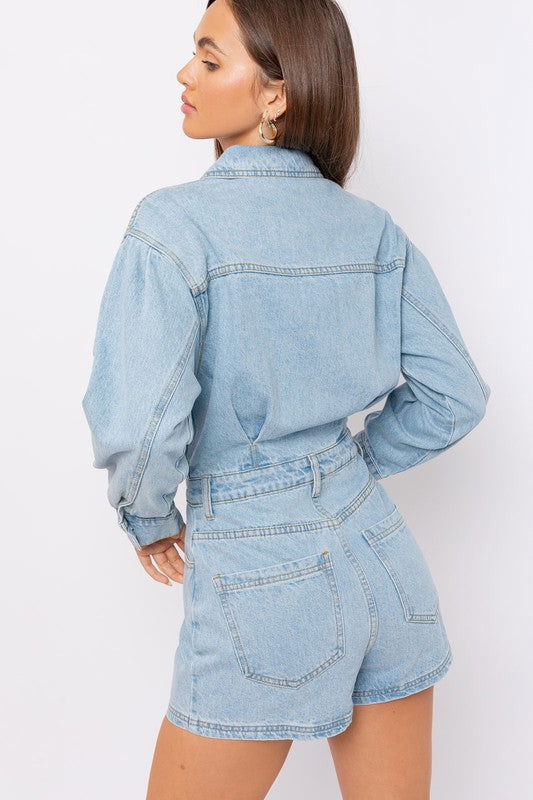 Long Sleeve Denim Romper - Hassle Free Cart