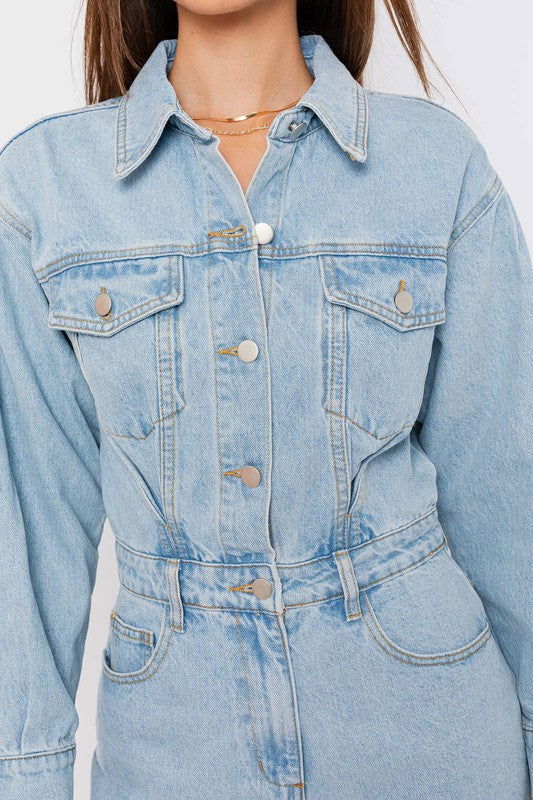 Long Sleeve Denim Romper - Hassle Free Cart