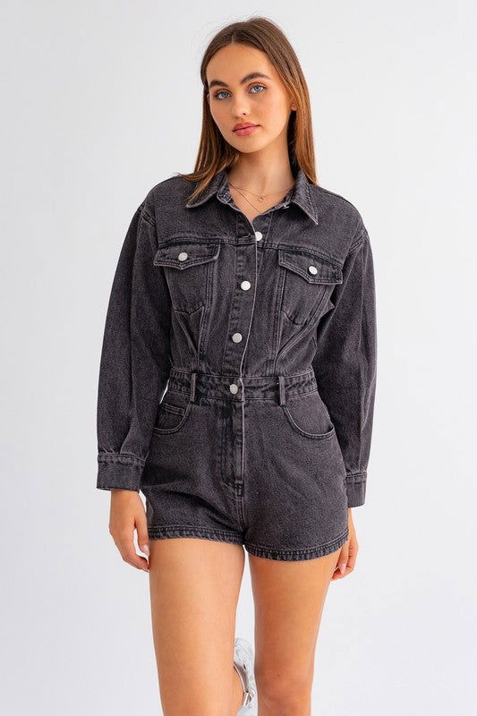 Long Sleeve Denim Romper - Hassle Free Cart