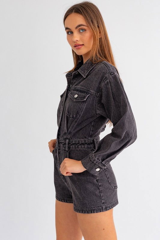 Long Sleeve Denim Romper - Hassle Free Cart