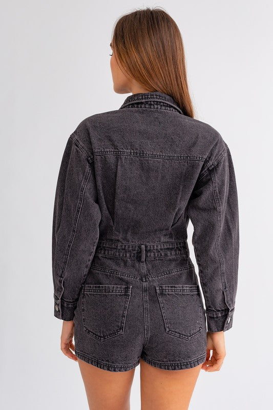 Long Sleeve Denim Romper - Hassle Free Cart