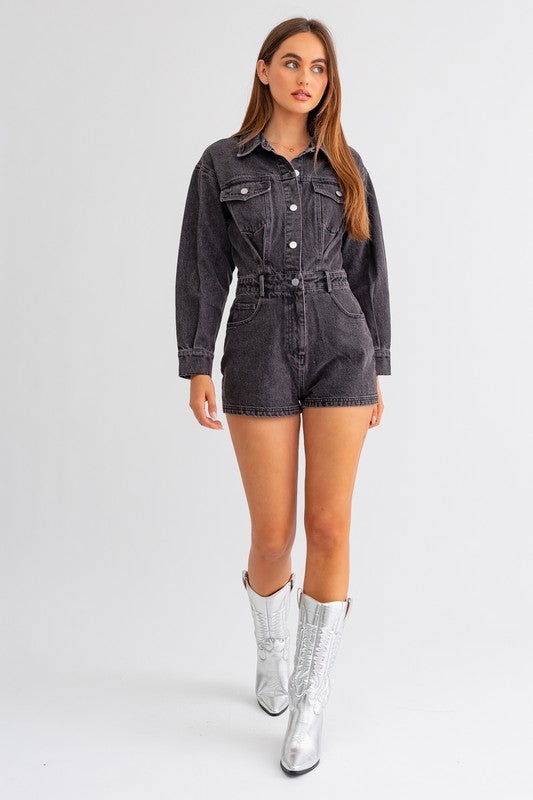 Long Sleeve Denim Romper - Hassle Free Cart