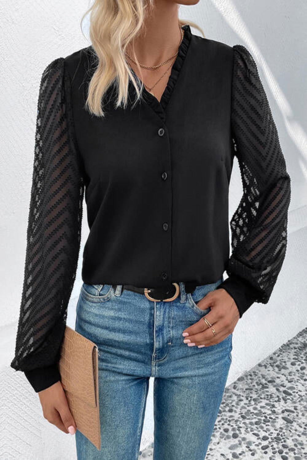 Mesh V-Neck Button Front Blouse - Hassle Free Cart