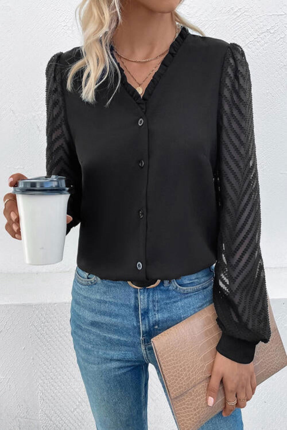 Mesh V-Neck Button Front Blouse - Hassle Free Cart