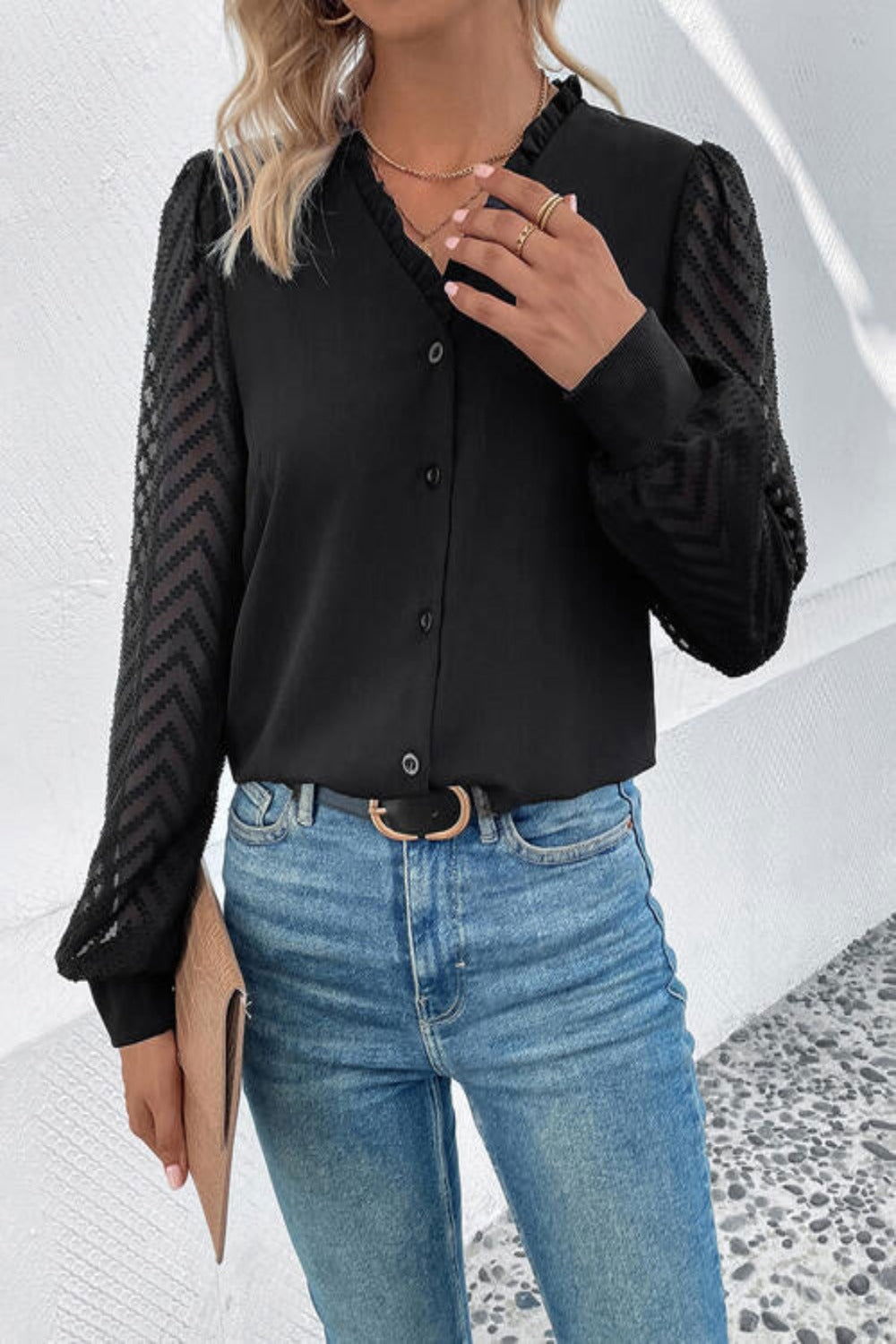 Mesh V-Neck Button Front Blouse - Hassle Free Cart