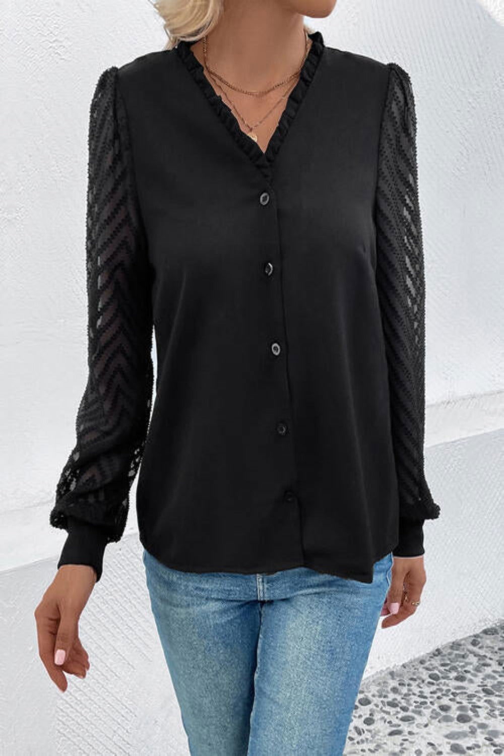 Mesh V-Neck Button Front Blouse - Hassle Free Cart