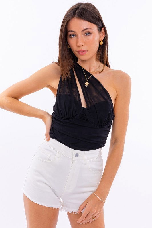 One Shoulder Detail Mesh Bodysuit - Hassle Free Cart