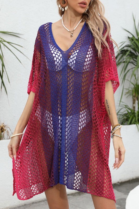 Openwork Contrast V-Neck Cover-Up - Hassle Free Cart