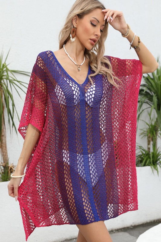 Openwork Contrast V-Neck Cover-Up - Hassle Free Cart