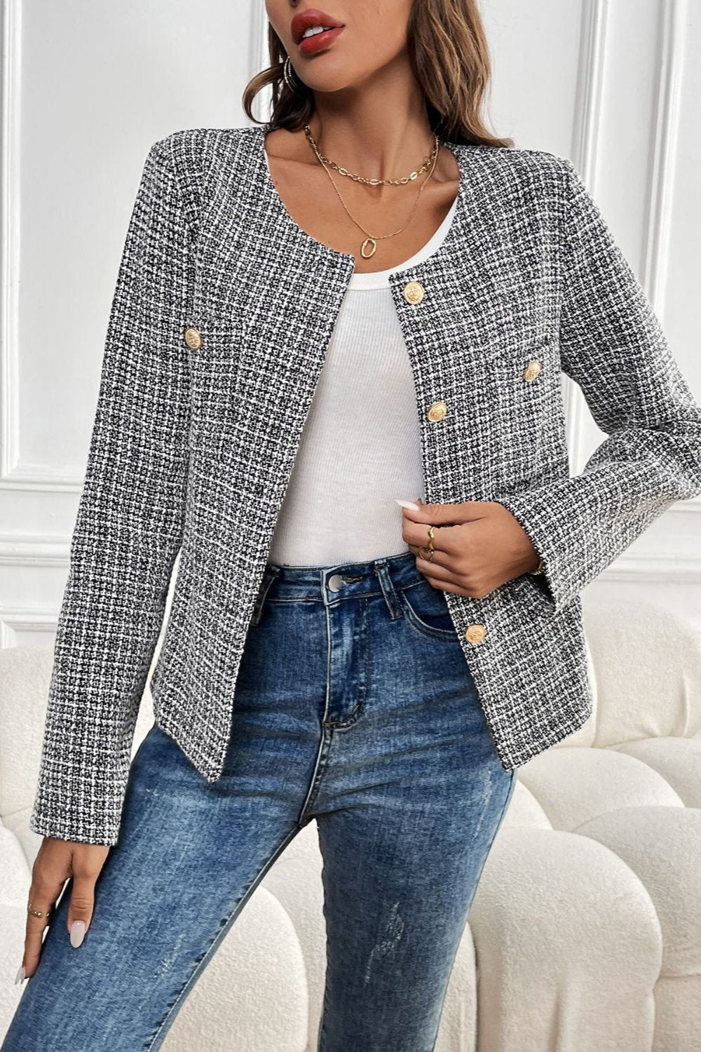 Perfee Plaid Long Sleeve Outerwear - Hassle Free Cart