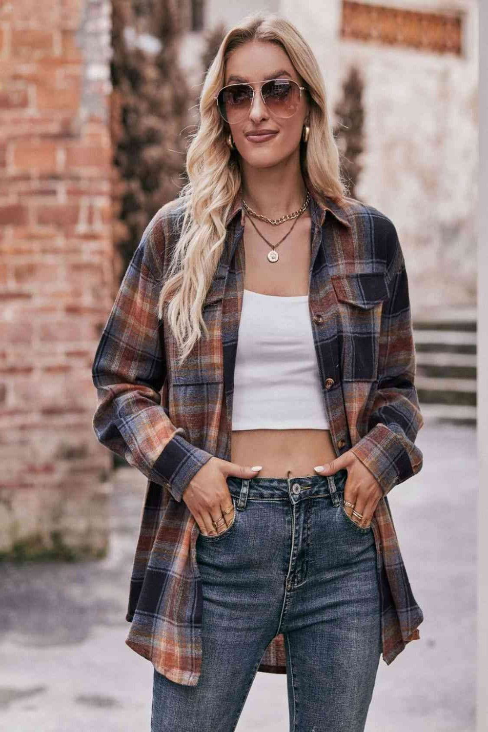 Plaid Dropped Shoulder Longline Shirt - Hassle Free Cart