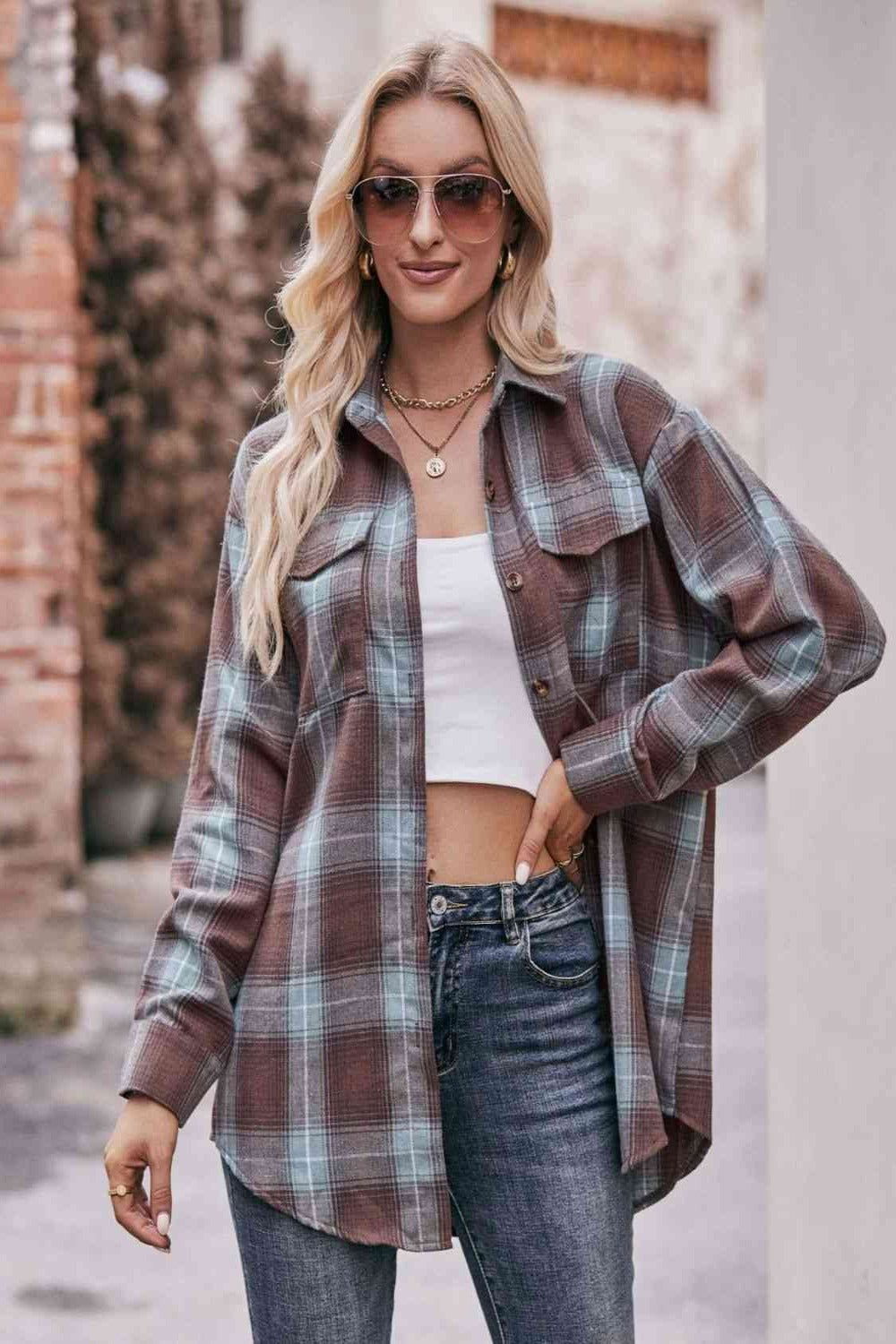 Plaid Dropped Shoulder Longline Shirt - Hassle Free Cart