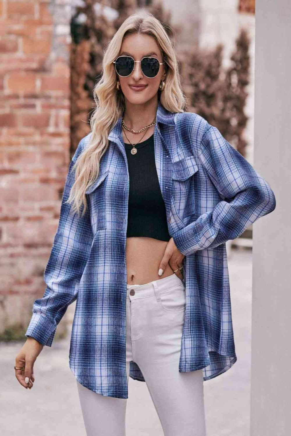 Plaid Dropped Shoulder Longline Shirt - Hassle Free Cart