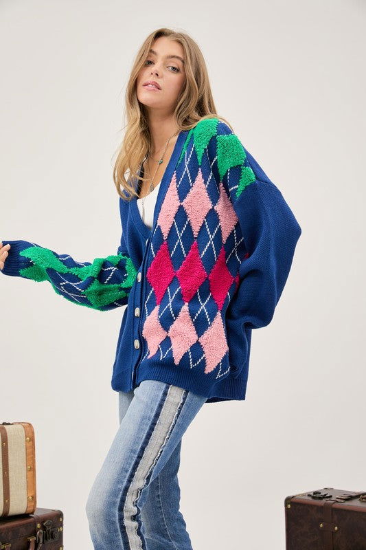 Plush Argyle Button Front Loose Fit Knit Cardigan - Hassle Free Cart