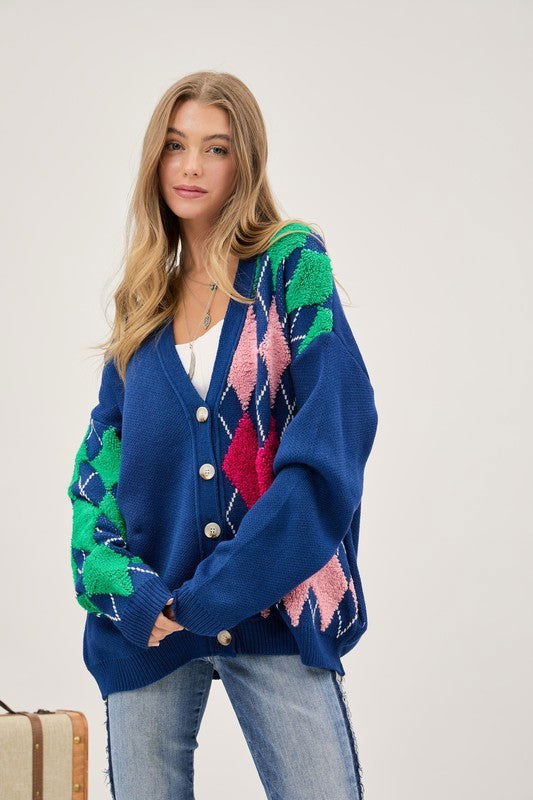 Plush Argyle Button Front Loose Fit Knit Cardigan - Hassle Free Cart