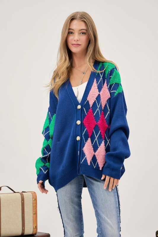 Plush Argyle Button Front Loose Fit Knit Cardigan - Hassle Free Cart