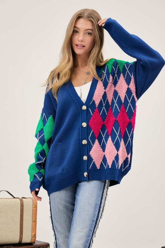 Plush Argyle Button Front Loose Fit Knit Cardigan - Hassle Free Cart